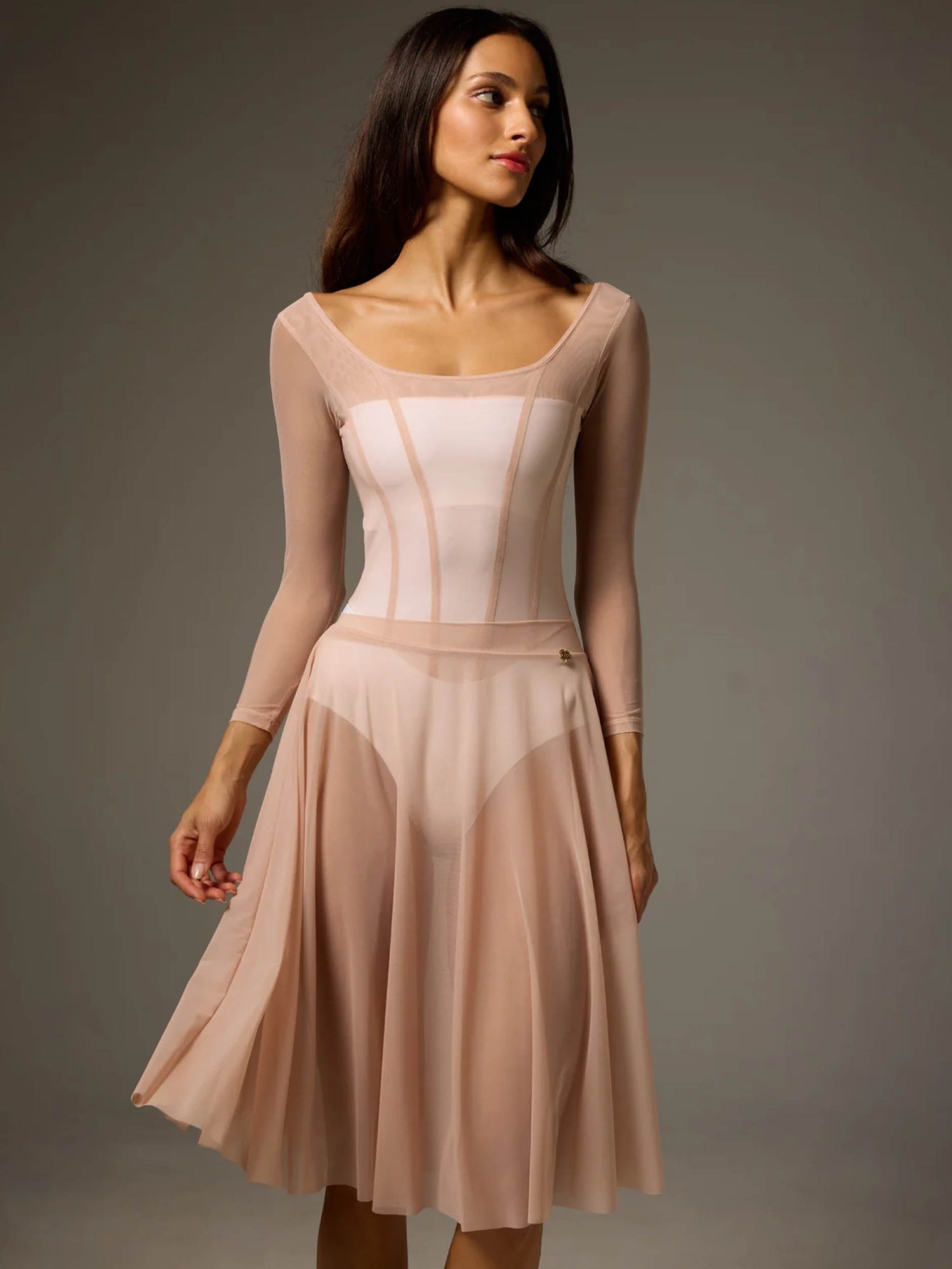 Front of Bodile Sofia Frost Nougat leotard styled with a separate blush Julieta mesh rehearsal skirt.