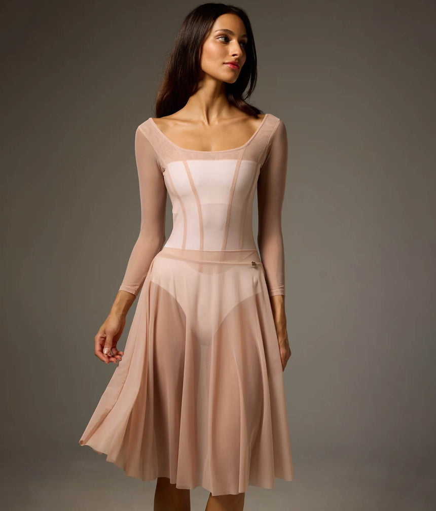 Front of Bodile Sofia Frost Nougat leotard styled with a separate blush Julieta mesh rehearsal skirt.