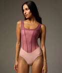 Front of Bodile Sofia Signature Mexican Rose tank ballet leotard with broad straps, a berry-rose mesh overlay and blush-pink body.