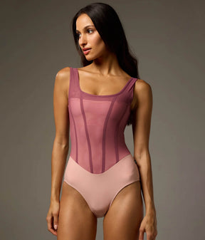 Front of Bodile Sofia Signature Mexican Rose tank ballet leotard with broad straps, a berry-rose mesh overlay and blush-pink body.