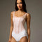 Front of Bodile Sofia Nougat Frost tank ballet leotard with a white body, pale blush mesh overlay and corset-style seams.
