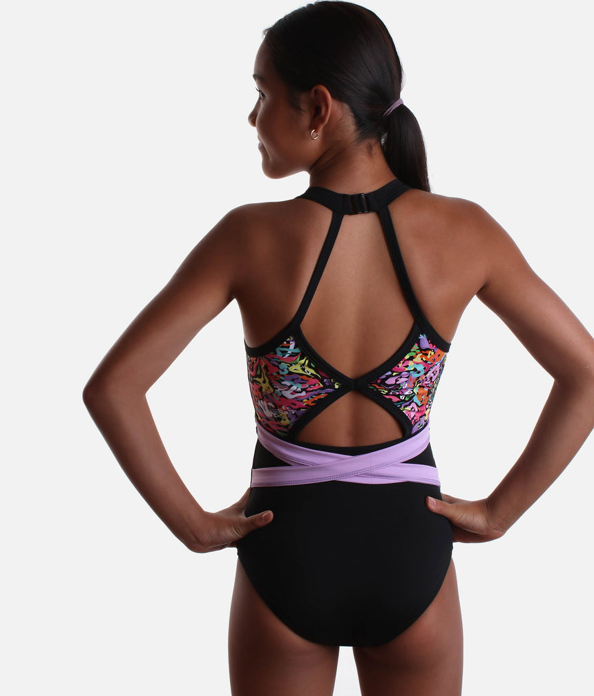 Girls Gymnastics Leotard, High Neckline - PARTY ANIMAL