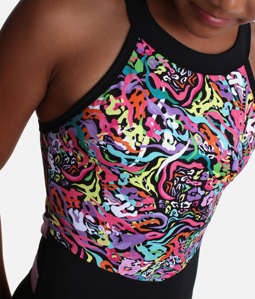 Girls Gymnastics Leotard, High Neckline - PARTY ANIMAL