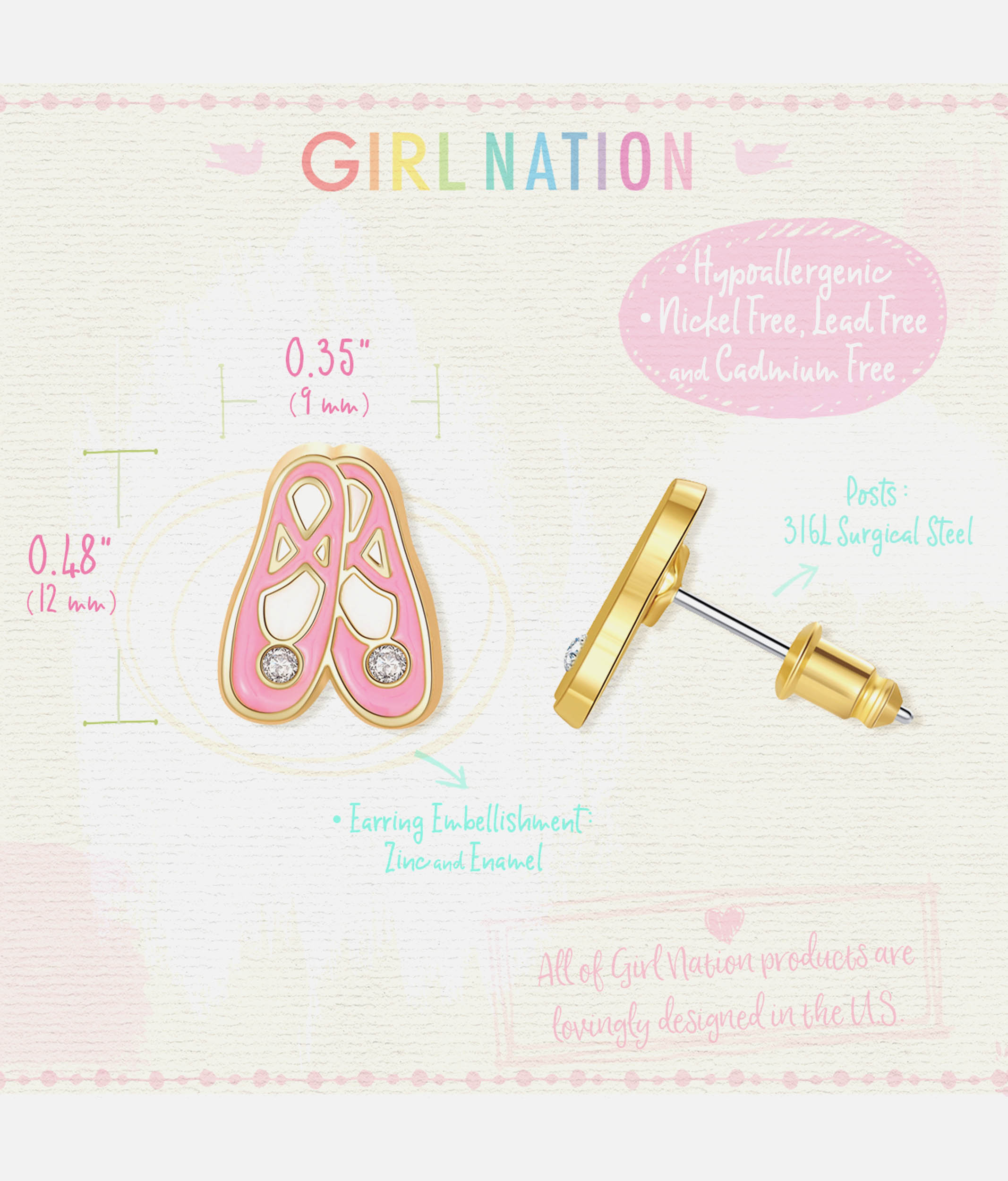 Girls Enamel Stud Earrings, Ballet Shoes - Cutie