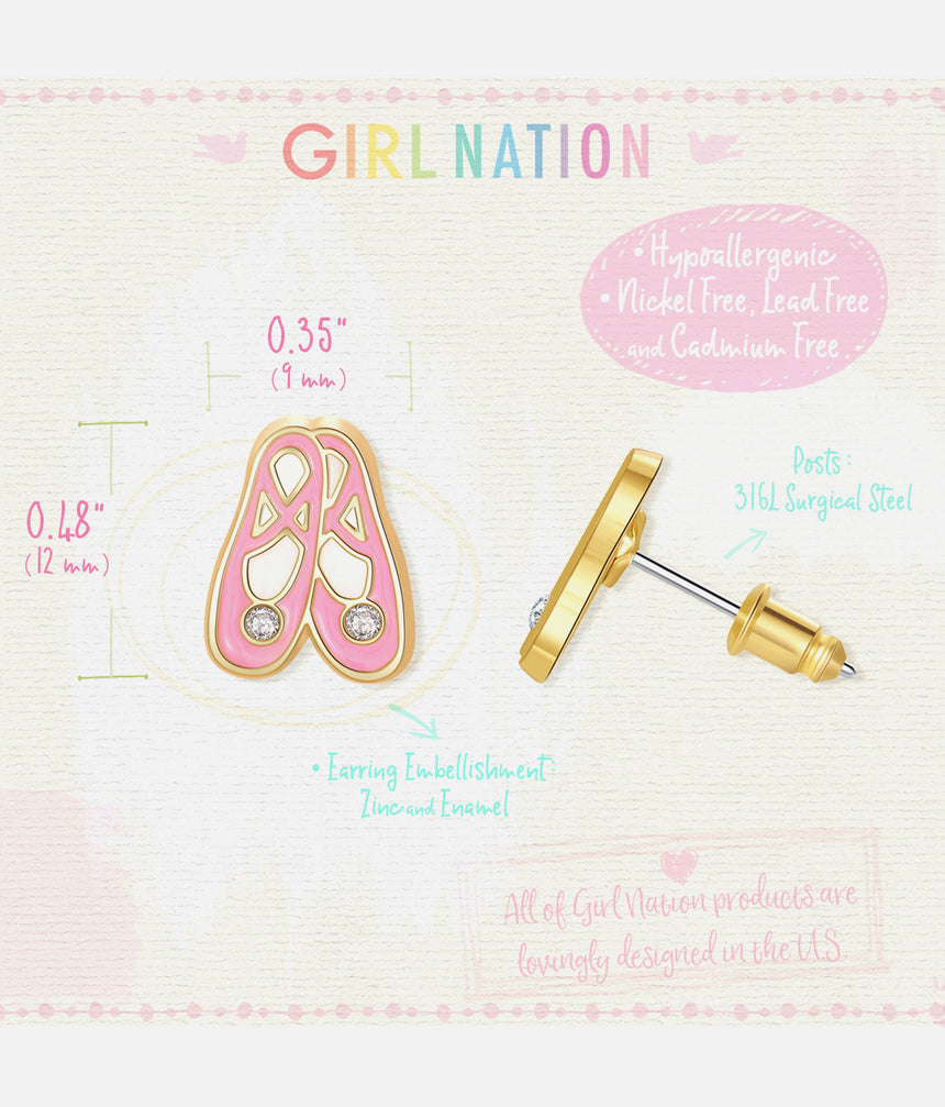 Girls Enamel Stud Earrings, Ballet Shoes - Cutie