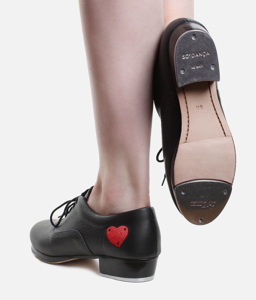 Professional Leather Tap Shoes with Wood Heel & Embroidered Heart - TA815