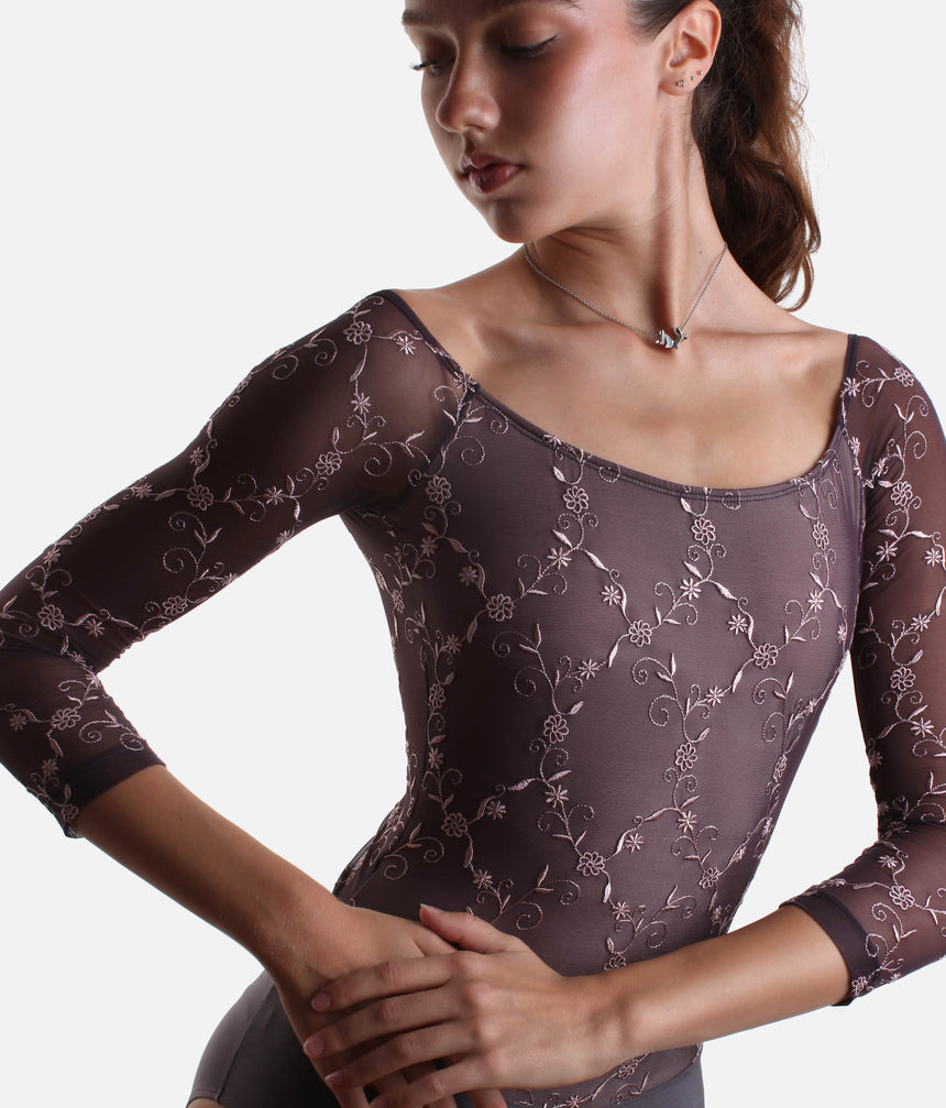 Long Sleeve Dance Leotard with V-Back, Sheer Embroidery - TACITA DI MAGNETTE