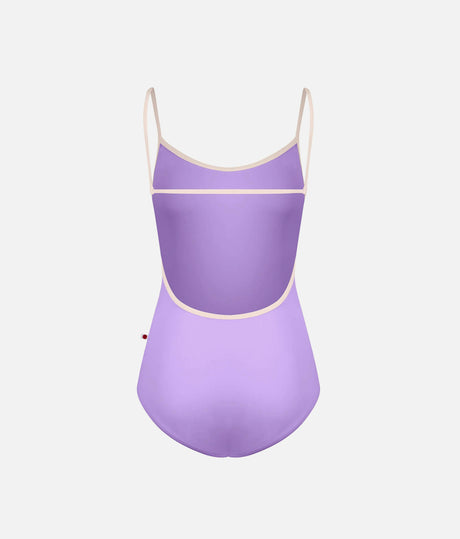 YUMIKO Tamara Iris leotard, back product view showing the low curved opening framed by Misty Rose trim and a horizontal strap.
