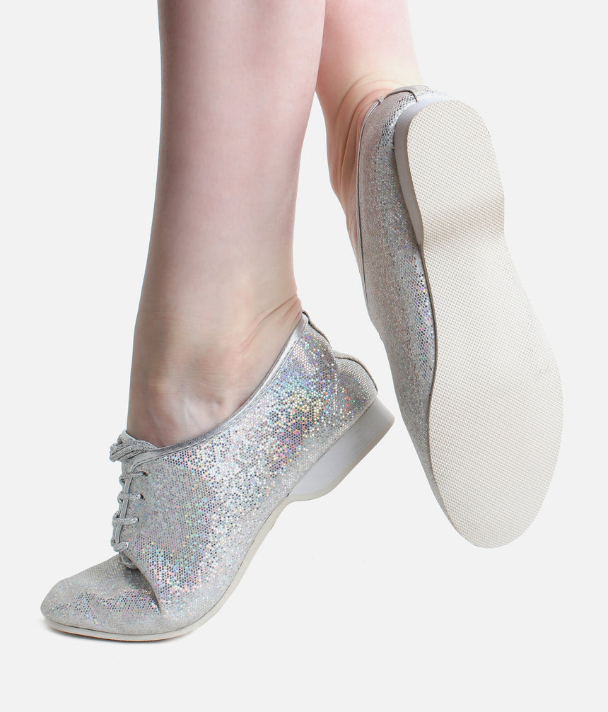 Children Silver Glitter Jazz Shoes, Full Sole, Lace-Up Dance Shoes