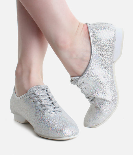 Children Silver Glitter Jazz Shoes, Full Sole, Lace-Up Dance Shoes