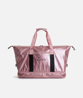 Pink Tendu Yoga Mat Bag T1097, front view showing the metallic finish, logo pocket and zipped base compartment.