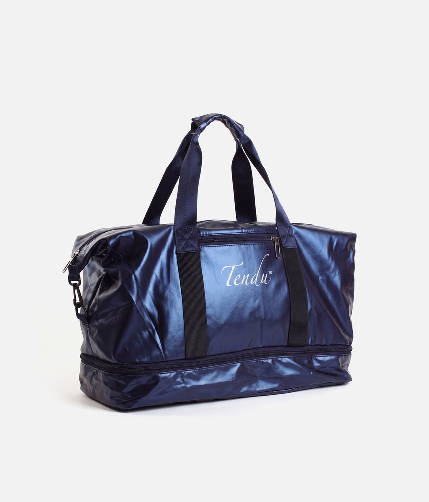 A metallic navy blue duffel bag with black handles and side straps, featuring the brand name 'Tendw' embroidered in white on the front, set against a plain light gray background.
