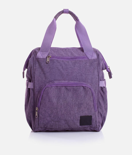 Front and back views of the Tendu Smart Bag T1062 in Lavender, showing zip pockets, carry handles and backpack straps.