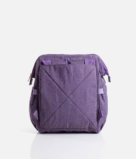 A purple fabric backpack with a front pocket featuring an X-shaped stitched design, shown on a clean white background.