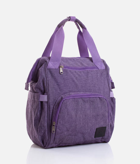 A purple heathered diaper bag with matching purple handles, front zippered pocket, and side pockets, shown on a clean white background.