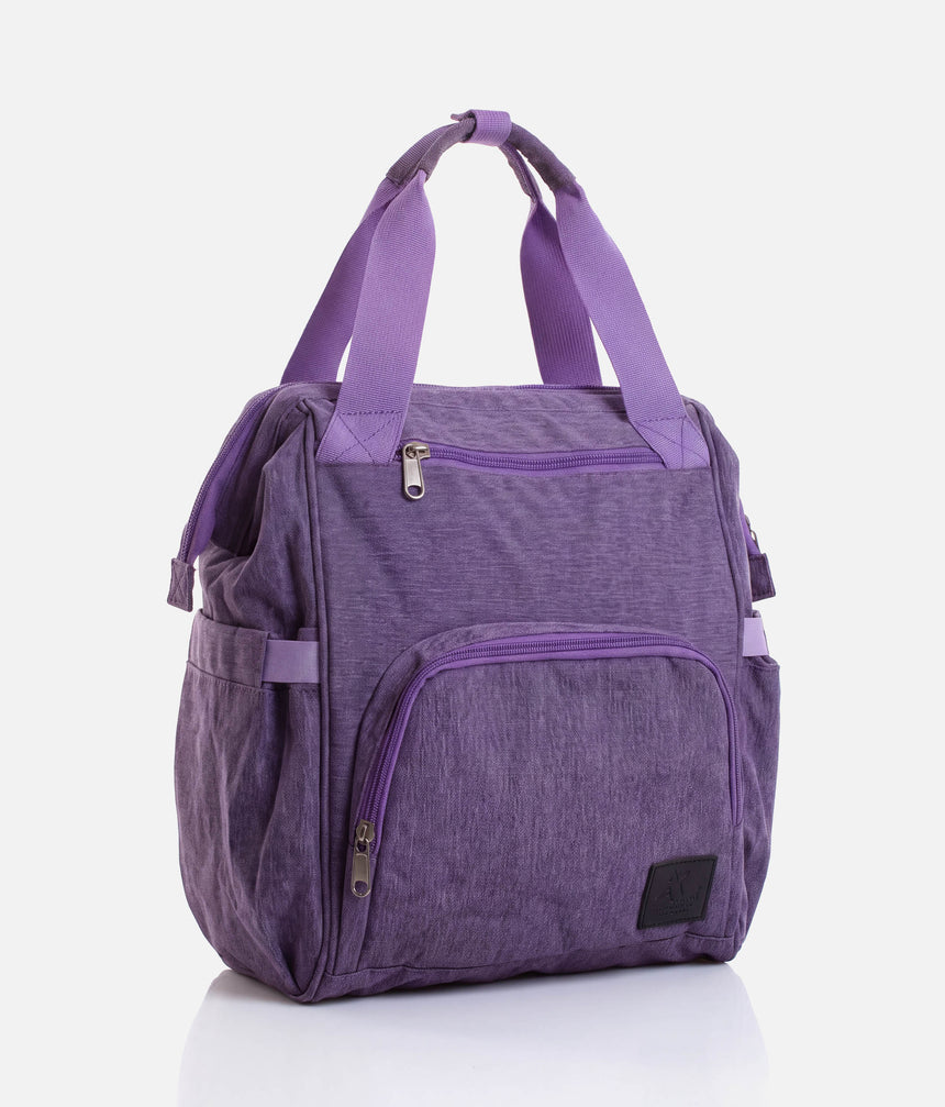 A purple heathered diaper bag with matching purple handles, front zippered pocket, and side pockets, shown on a clean white background.