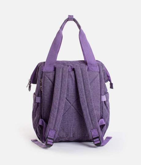 A purple fabric backpack shown from the back, featuring dual top handles, padded shoulder straps, and multiple zippered pockets, photographed against a clean white background.