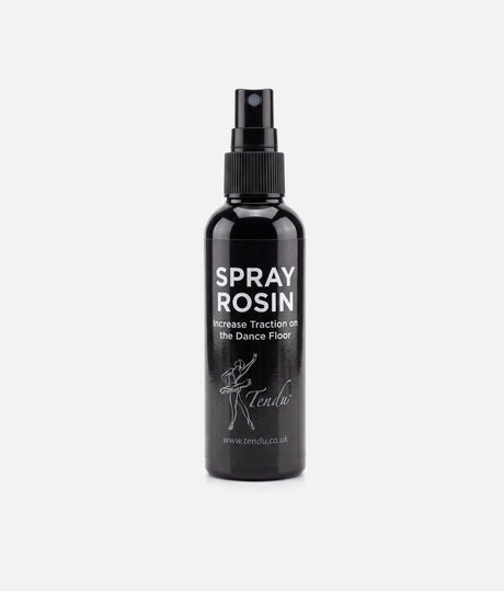 Front of a black Tendu Spray Rosin bottle with its pump nozzle exposed and white traction label on a light background.