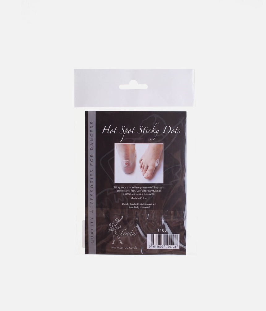 Tendu Hot Spot Sticky Dots packaging with a photograph showing pad placement on the heel and side of the forefoot.