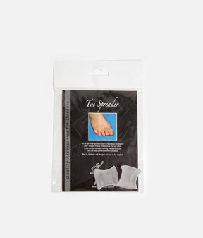 Tendu Toe Spreader retail pack containing two clear gel spacers, with a photograph showing placement between the big and second toes.
