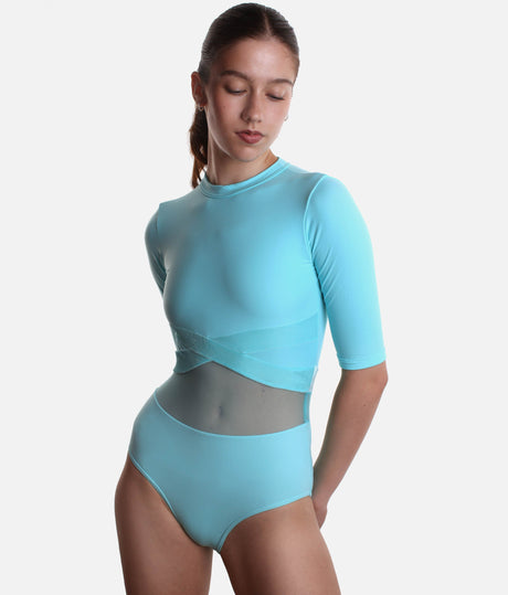 Half-Sleeve Ballet Leotard with Mesh & Velvet Trim, Modern Dancewear - TRINA