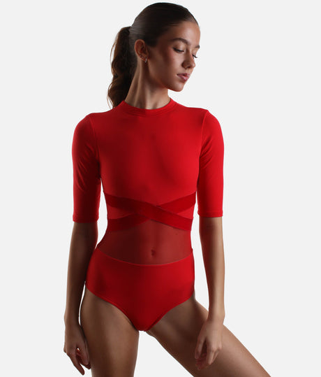 Open-Back Half-Sleeve Leotard with Crisscross Velvet Band - TRINA