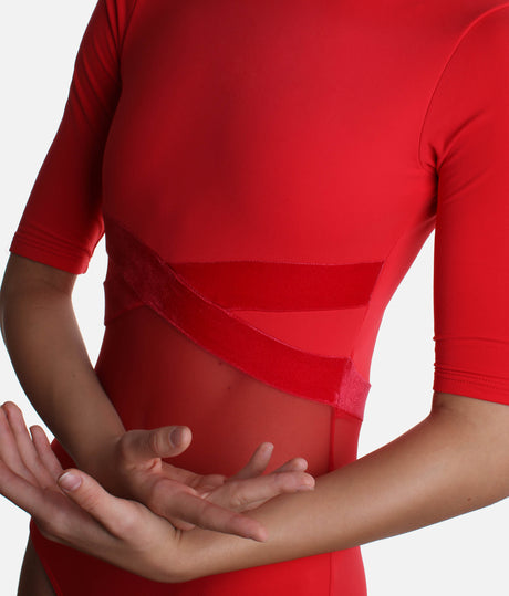 Open-Back Half-Sleeve Leotard with Crisscross Velvet Band - TRINA