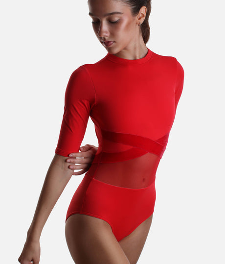 Open-Back Half-Sleeve Leotard with Crisscross Velvet Band - TRINA