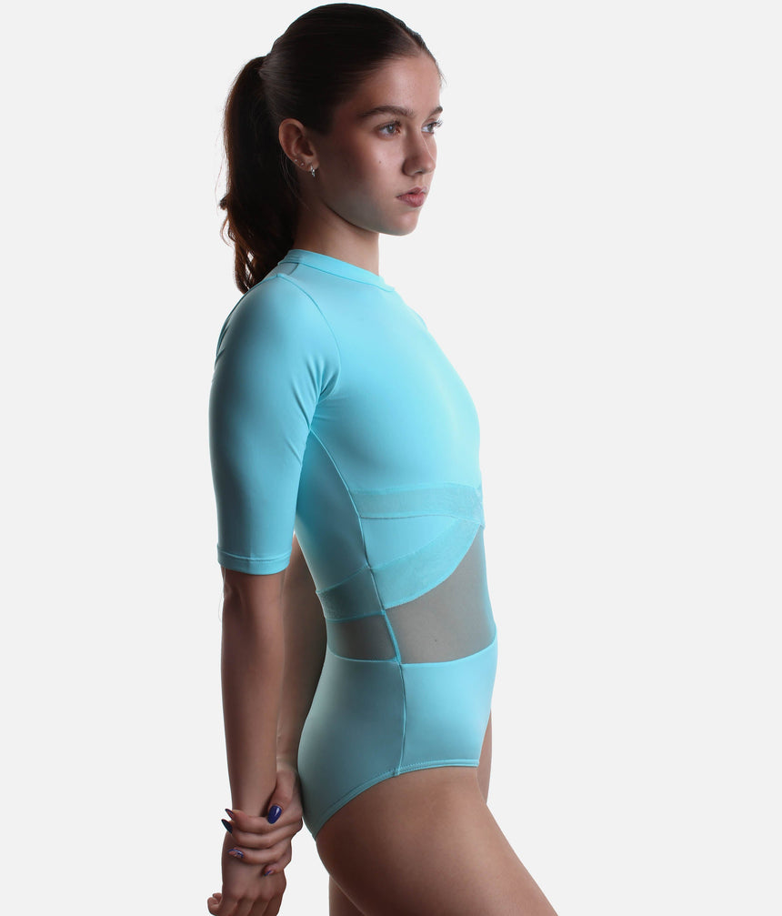 Half-Sleeve Ballet Leotard with Mesh & Velvet Trim, Modern Dancewear - TRINA