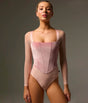 Front of Bodile Valentina Bon Bon pink leotard with rose velvet corset-style panels, sheer blush sleeves and a square neckline.