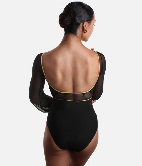 Dramatic Long Sleeve Ballet Leotard with Gold Trim - VENERE GL NERO