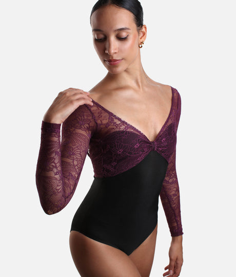Professional Ballet Leotard with Long Lace Sleeves, Low Back - VENERE DI NERO