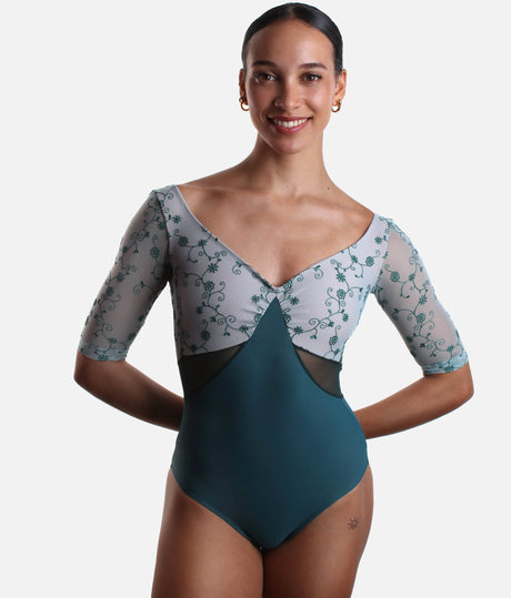 Three-quarter Sleeves Dance Leotard with Tulle Inserts - VESTA DI PAVONE