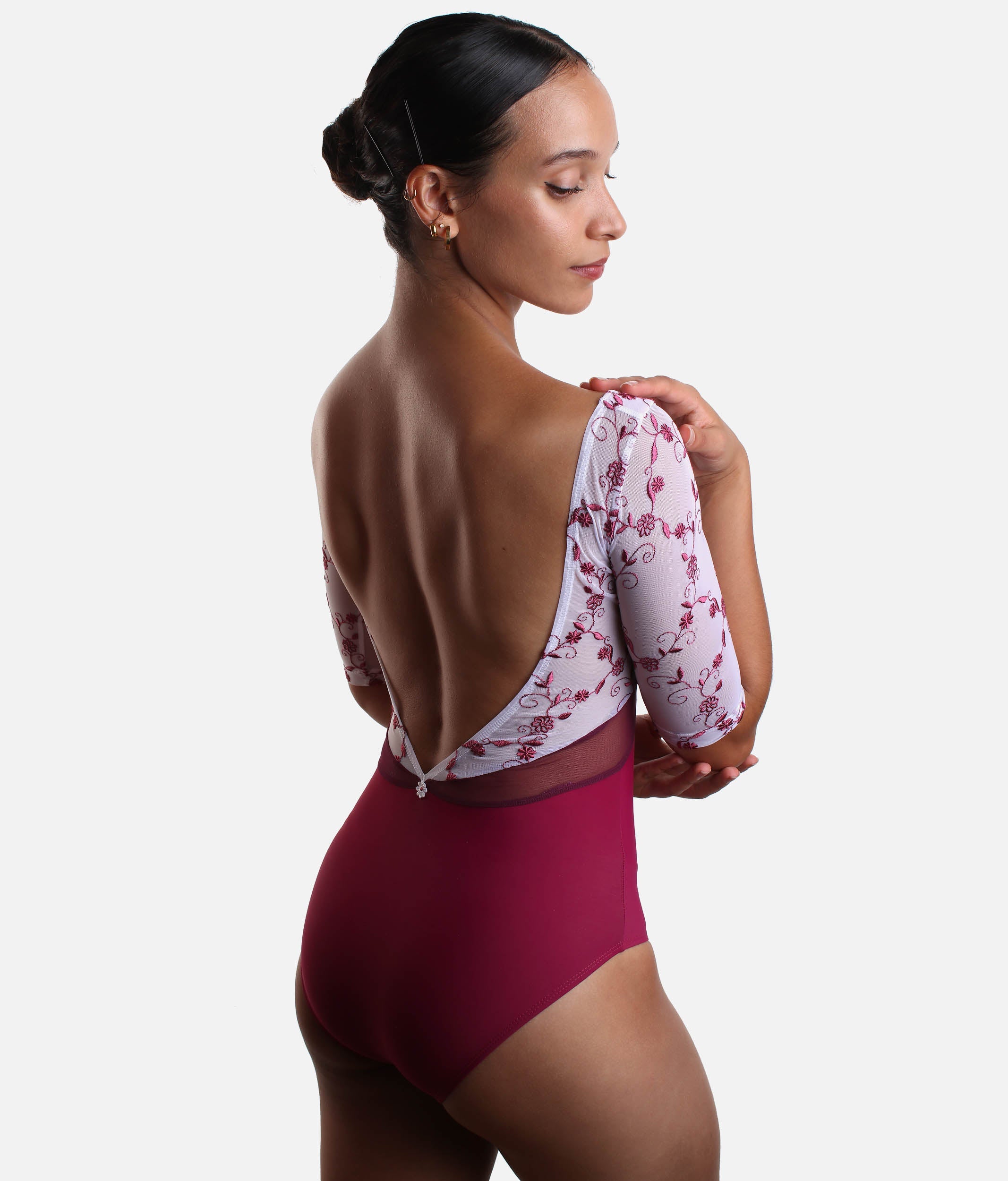 DellaLo Ballet Leotard | Vesta V-Shaped Neckline, Floral Mesh