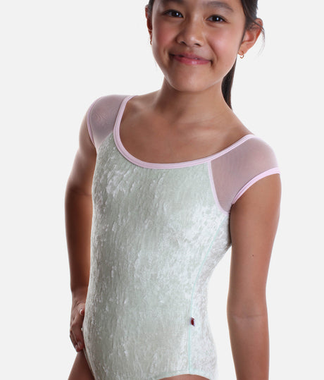 Girls Crushed Velvet Leotard – Pistachio Elegance with Teal Trim - WENDY