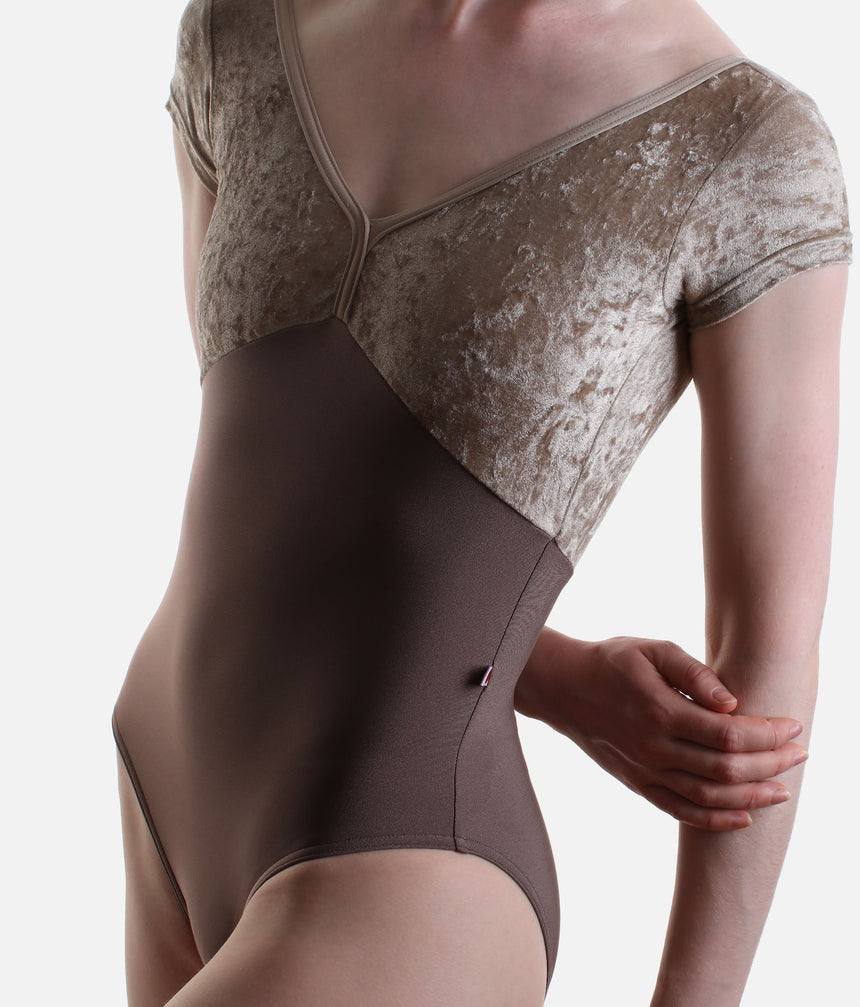 Detail of the YUMIKO Alicia Toffee crushed velvet upper, tonal nylon neckline trim and shaped under-bust seam