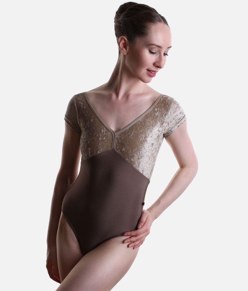 YUMIKO Alicia ballet leotard with a Star nylon body, Toffee crushed velvet upper, V-neckline and short sleeves