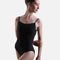 Front view of the YUMIKO Daniela Black camisole ballet leotard with a smooth scoop neckline and high-cut leg