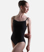 Front view of the YUMIKO Daniela Black camisole ballet leotard with a smooth scoop neckline and high-cut leg