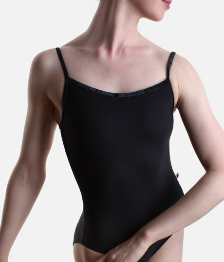 Front detail of the YUMIKO Daniela Black leotard with fine camisole straps, a smooth scoop neckline and crushed velvet trim