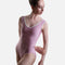 Front view of the YUMIKO Gina Confetti ballet leotard with Silver trim, a V-neckline and high-cut leg
