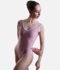 Front view of the YUMIKO Gina Confetti ballet leotard with Silver trim, a V-neckline and high-cut leg
