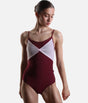 Dancer wearing the YUMIKO Kathy Burgundy ballet leotard, showing its bow-like Rose mesh front and high-cut leg.