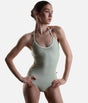Front view of YUMIKO Kate halter ballet leotard in Ginko with pale Pistachio crushed velvet trim.