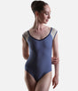 Front view of the YUMIKO Nina Arctic nylon leotard with a soft V-neckline, Whisper mesh cap sleeves and high-cut leg