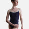 Front view of the YUMIKO Tamara Dark Blue ballet leotard with Ice crushed velvet trim and thin camisole straps