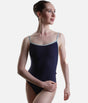 Front view of the YUMIKO Tamara Dark Blue ballet leotard with Ice crushed velvet trim and thin camisole straps
