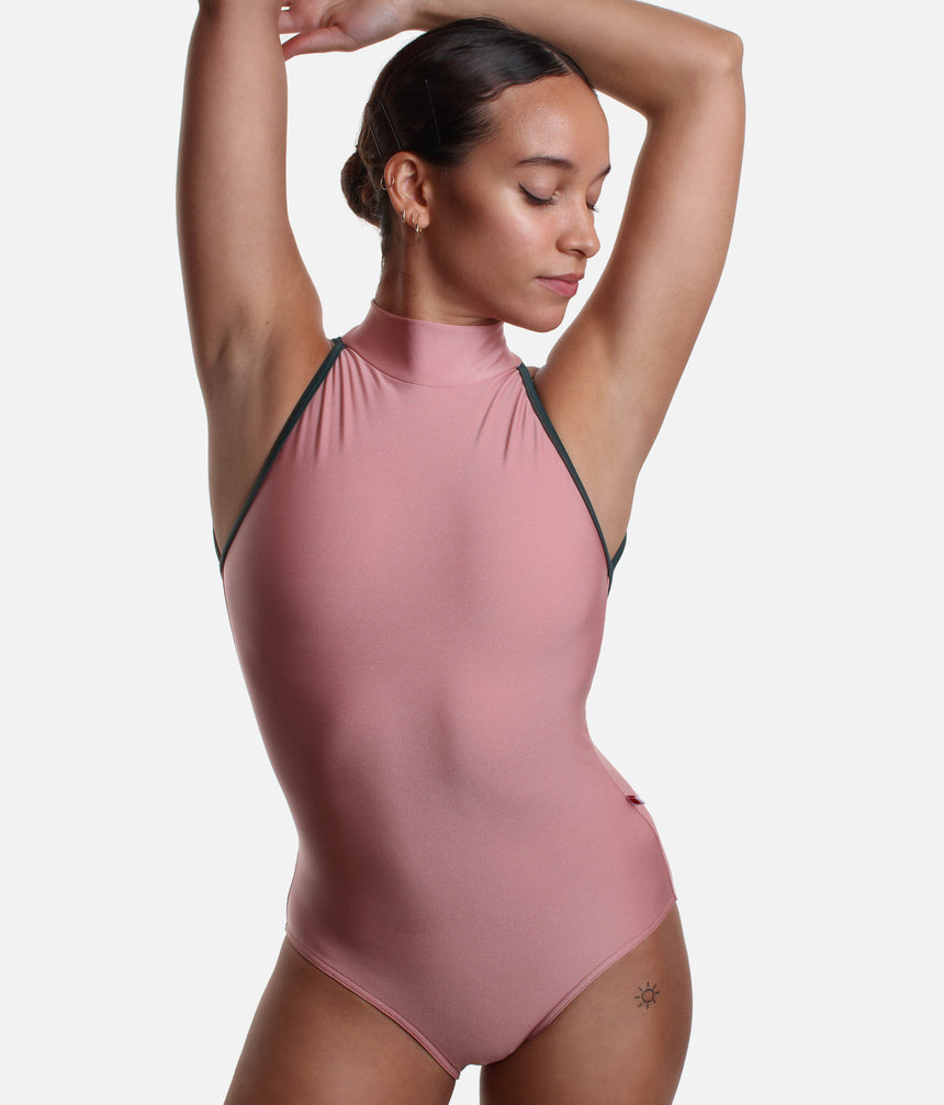 High Neck Dance Leotard, Antique Rose Elegance with Open-Back Flair - NOE