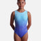 The Zone Wisp Z819WISP girls’ aqua-to-purple ombré gymnastics leotard with a rounded neckline, flowing pale lines and curved rows of diamanté.