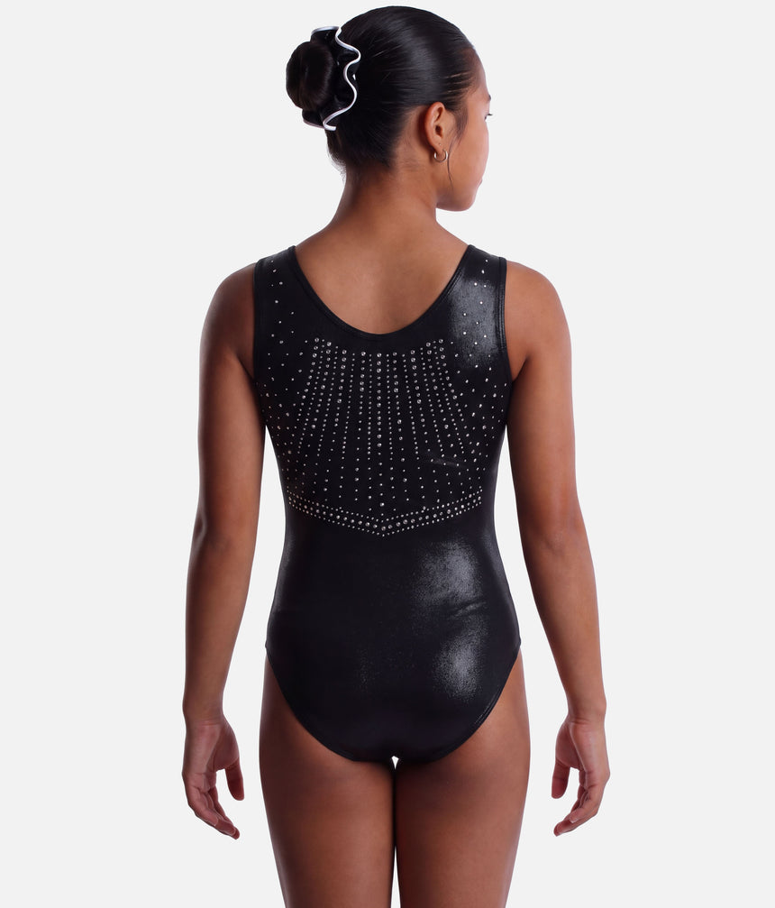 Back of The Zone Evolution Z825EVO black leotard showing a scoop neckline, radiating crystal rows and a crystal band at the waist.